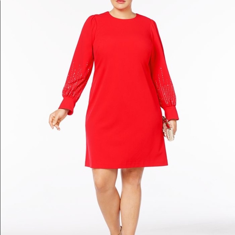 Red, embellished sleeve, Calvin Klein dress